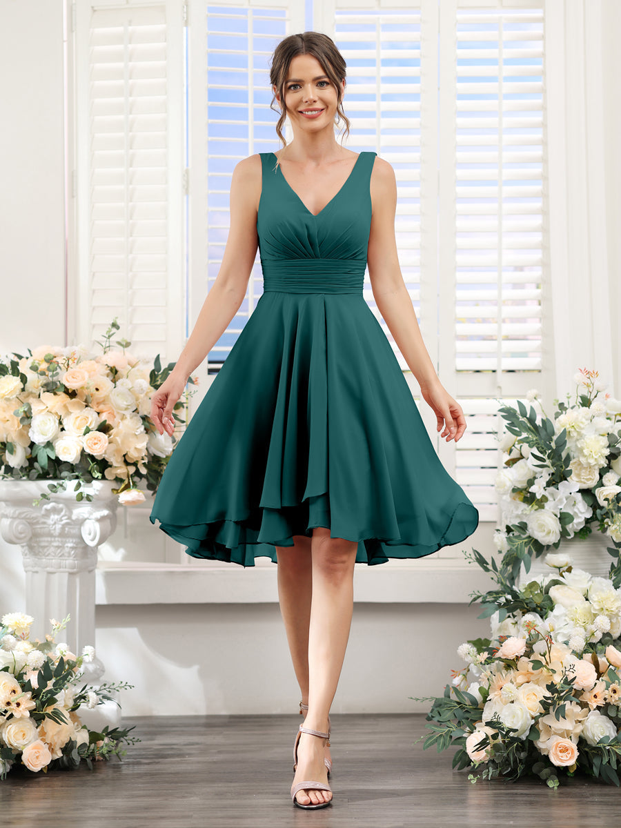 A-Line V-Neck Ruched Sleeveless Short Chiffon Bridesmaid Dresses Peacock