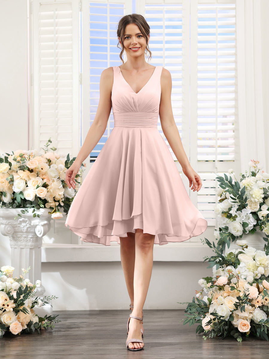 A-Line V-Neck Ruched Sleeveless Short Chiffon Bridesmaid Dresses Pearl Pink