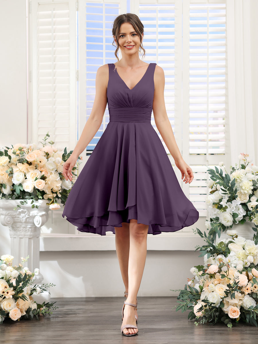 A-Line V-Neck Ruched Sleeveless Short Chiffon Bridesmaid Dresses Plum