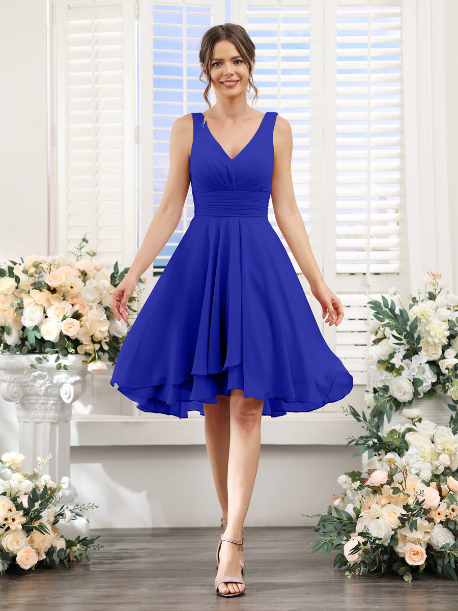A-Line V-Neck Ruched Sleeveless Short Chiffon Bridesmaid Dresses Royal Blue