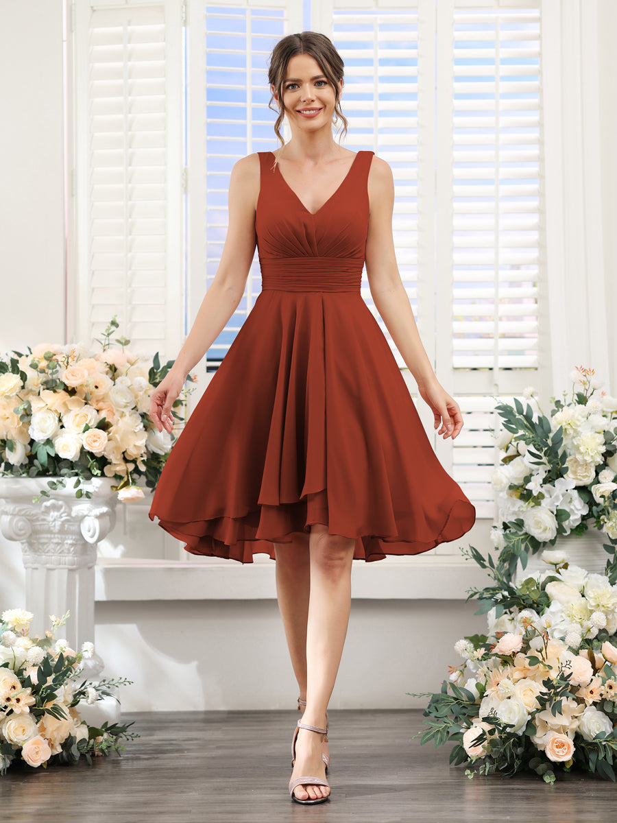 A-Line V-Neck Ruched Sleeveless Short Chiffon Bridesmaid Dresses Rust