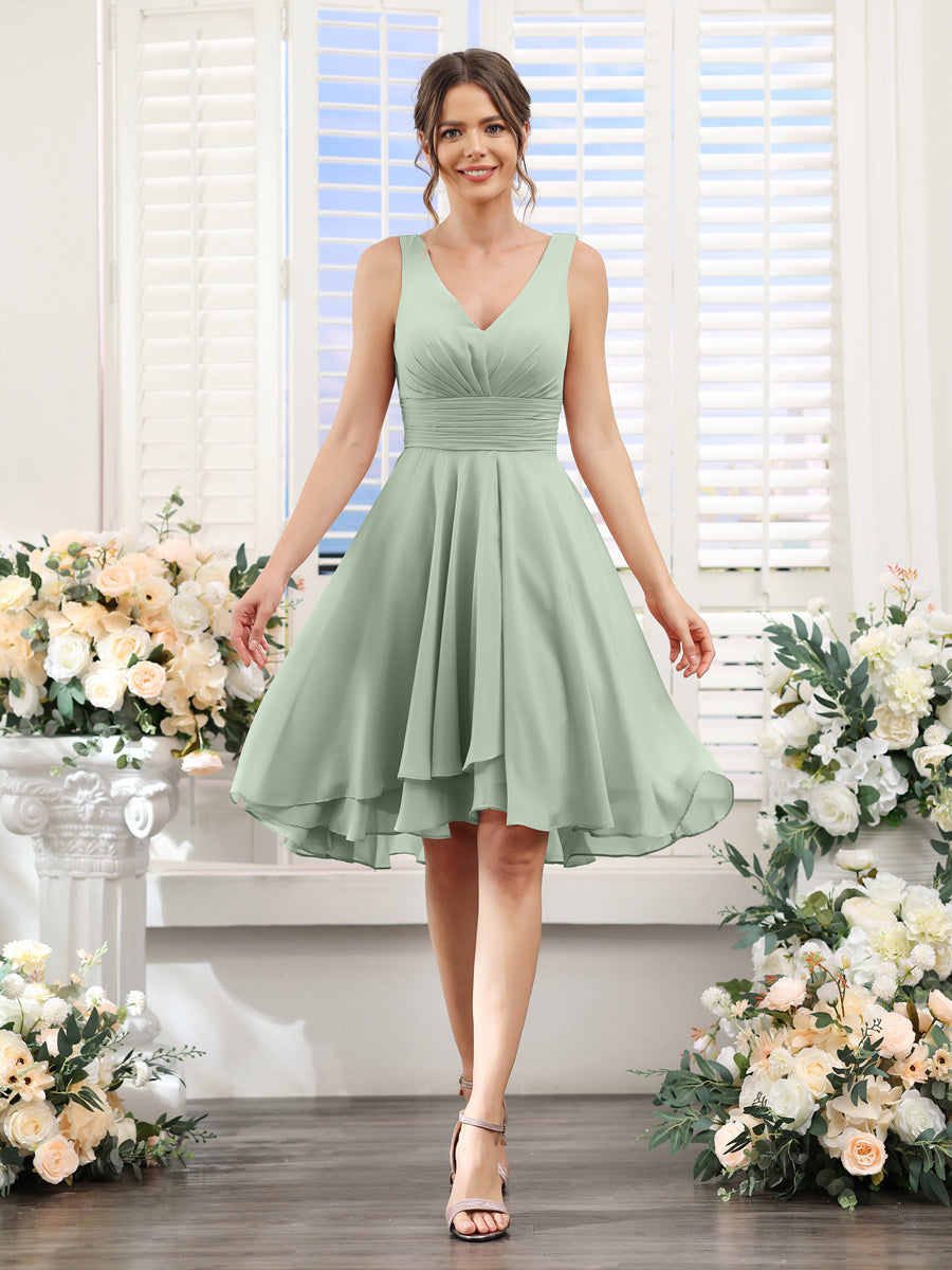 A-Line V-Neck Ruched Sleeveless Short Chiffon Bridesmaid Dresses Sage