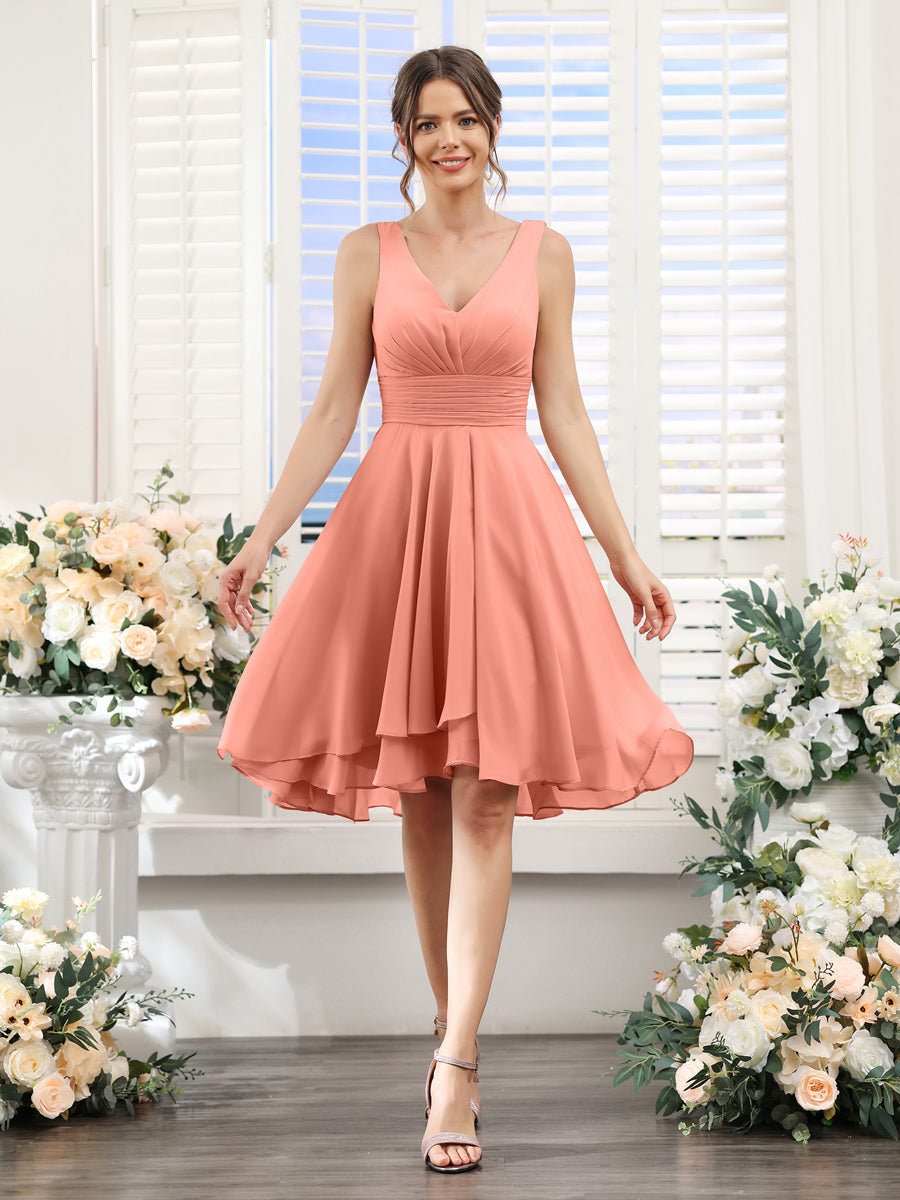 A-Line V-Neck Ruched Sleeveless Short Chiffon Bridesmaid Dresses Salmon