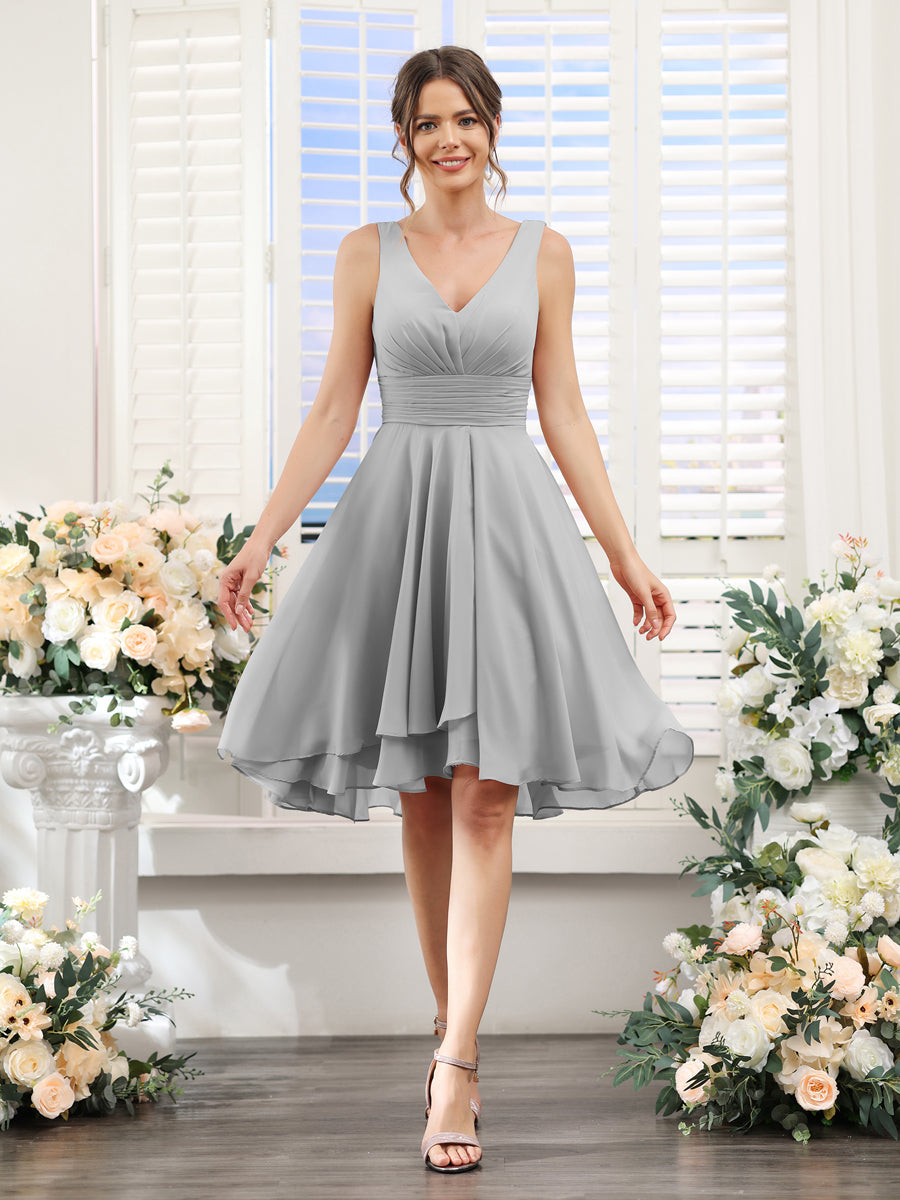 A-Line V-Neck Ruched Sleeveless Short Chiffon Bridesmaid Dresses Silver