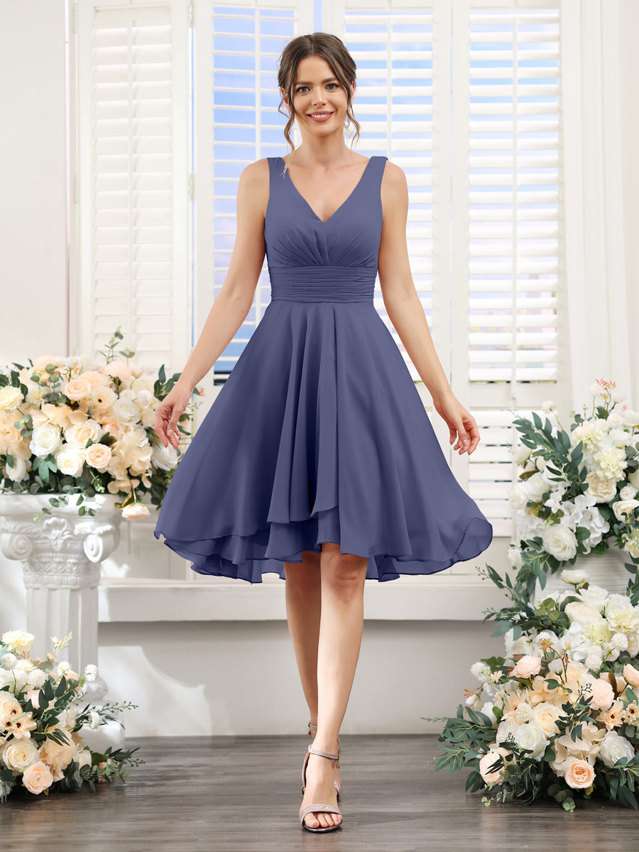 A-Line V-Neck Ruched Sleeveless Short Chiffon Bridesmaid Dresses Stormy Blue