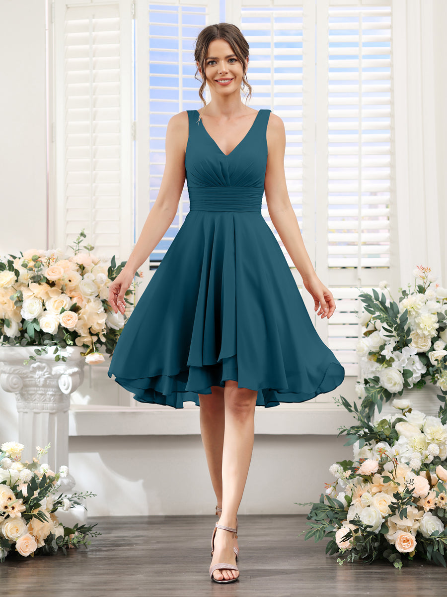 A-Line V-Neck Ruched Sleeveless Short Chiffon Bridesmaid Dresses Teal