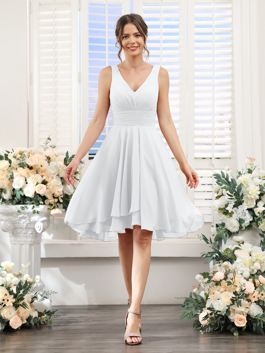 A-Line V-Neck Ruched Sleeveless Short Chiffon Bridesmaid Dresses White