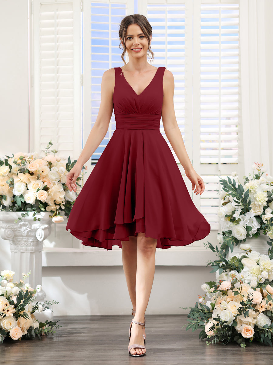 A-Line V-Neck Ruched Sleeveless Short Chiffon Bridesmaid Dresses Wine Red