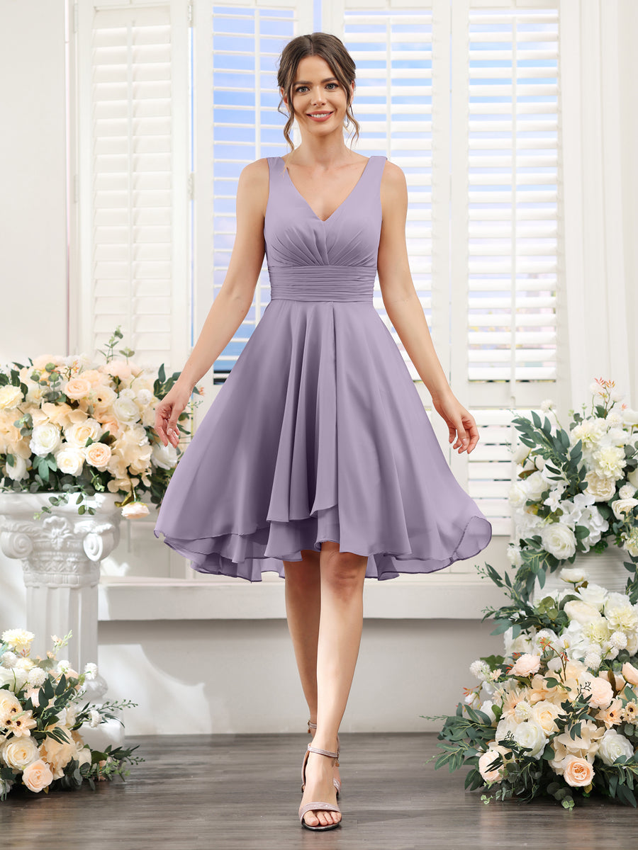 A-Line V-Neck Ruched Sleeveless Short Chiffon Bridesmaid Dresses Wisteria