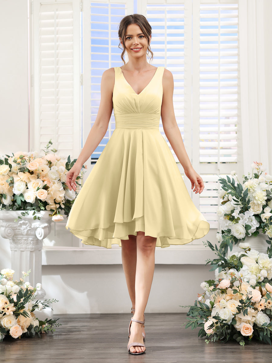 A-Line V-Neck Ruched Sleeveless Short Chiffon Bridesmaid Dresses Yellow