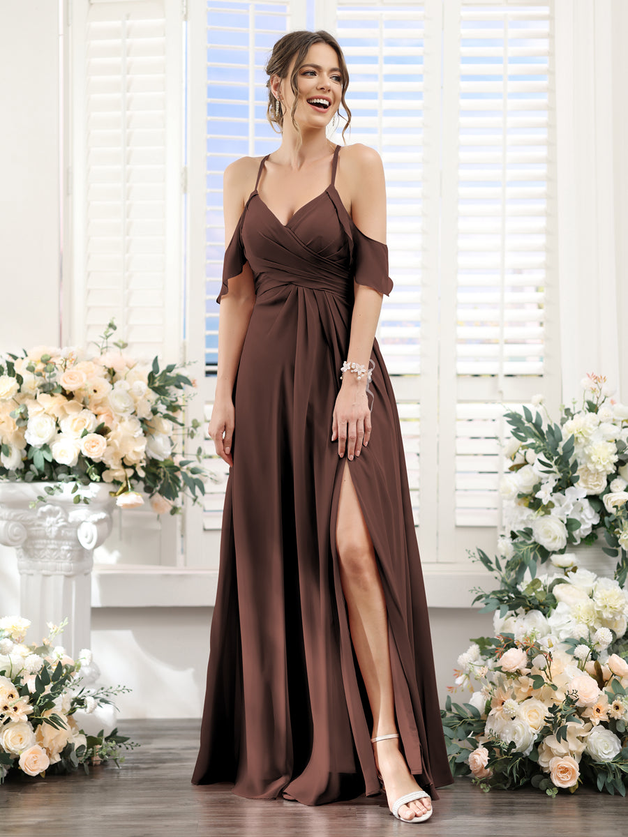 A-Line V-Neck Spaghetti Straps Split Side Floor-Length Chiffon Bridesmaid Dresses Brown