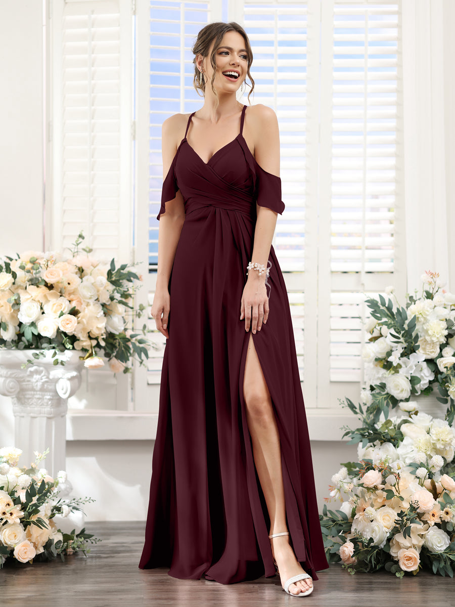 A-Line V-Neck Spaghetti Straps Split Side Floor-Length Chiffon Bridesmaid Dresses Burgundy