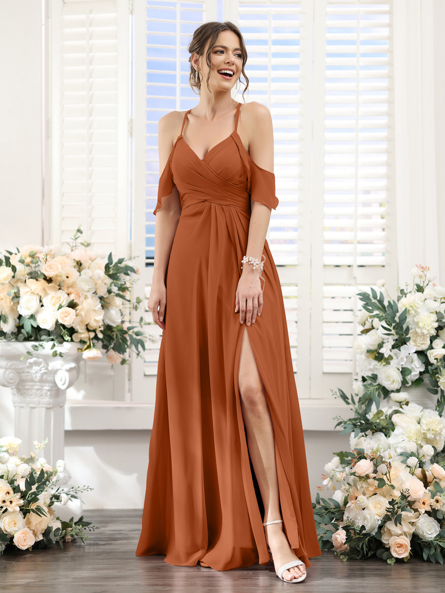 A-Line V-Neck Spaghetti Straps Split Side Floor-Length Chiffon Bridesmaid Dresses Burnt Orange