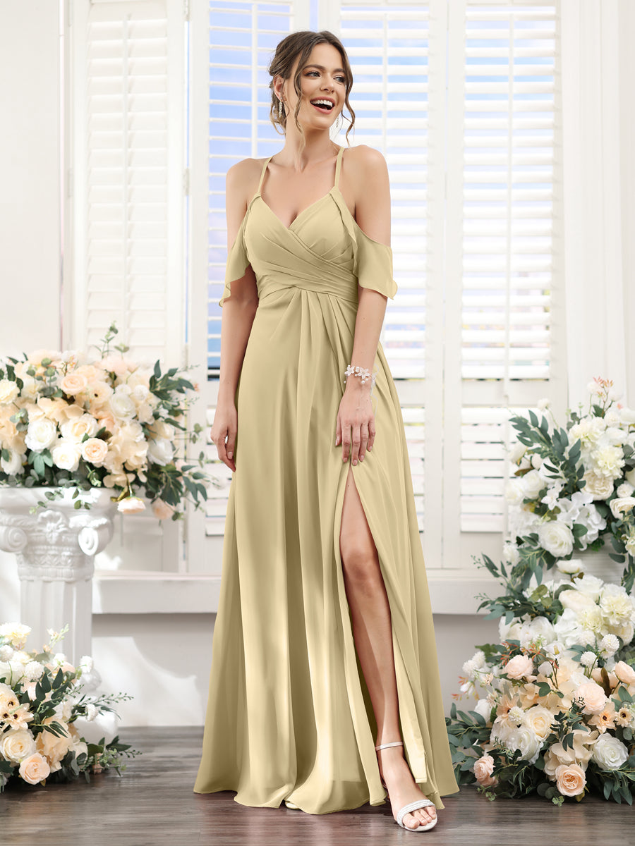 A-Line V-Neck Spaghetti Straps Split Side Floor-Length Chiffon Bridesmaid Dresses Champagne