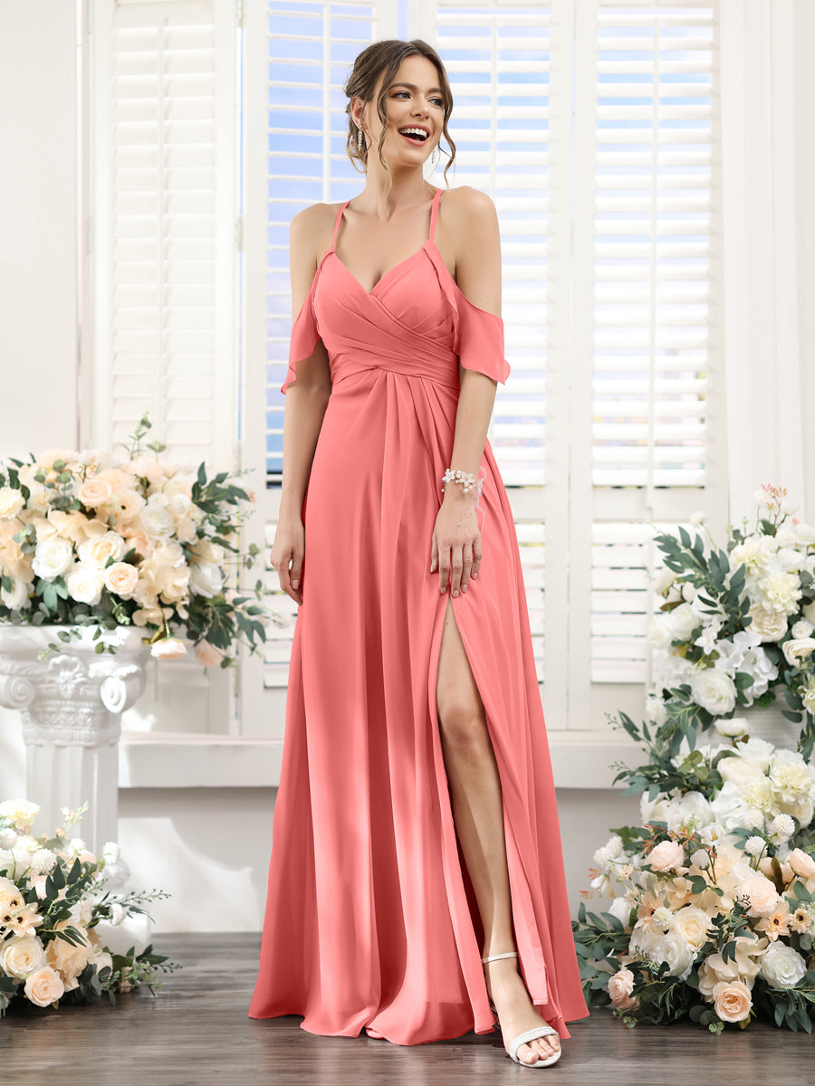 A-Line V-Neck Spaghetti Straps Split Side Floor-Length Chiffon Bridesmaid Dresses Coral