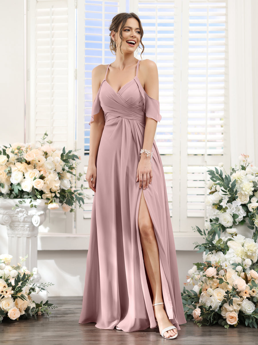 A-Line V-Neck Spaghetti Straps Split Side Floor-Length Chiffon Bridesmaid Dresses Dusty Pink