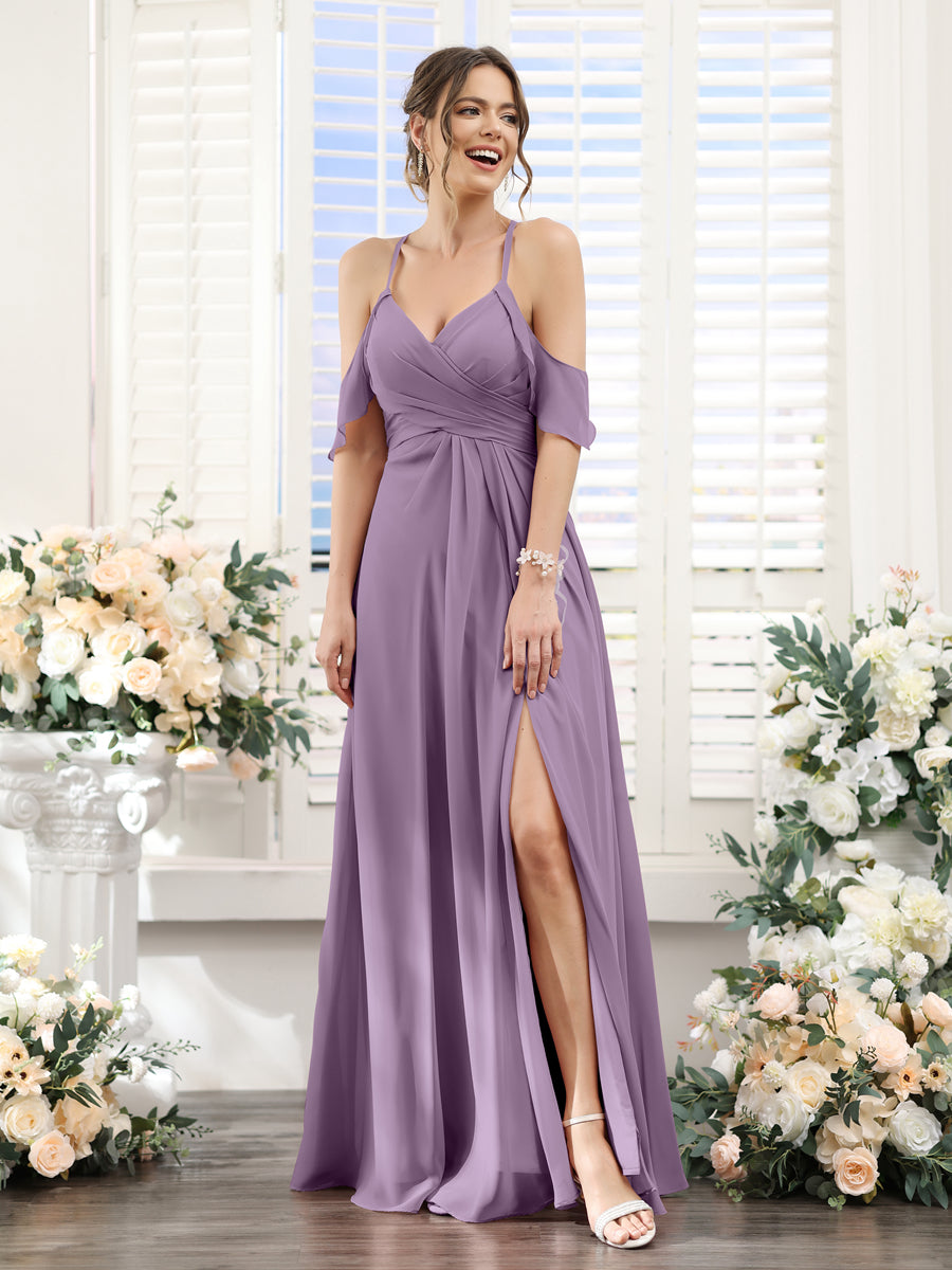 A-Line V-Neck Spaghetti Straps Split Side Floor-Length Chiffon Bridesmaid Dresses Dusty Purple