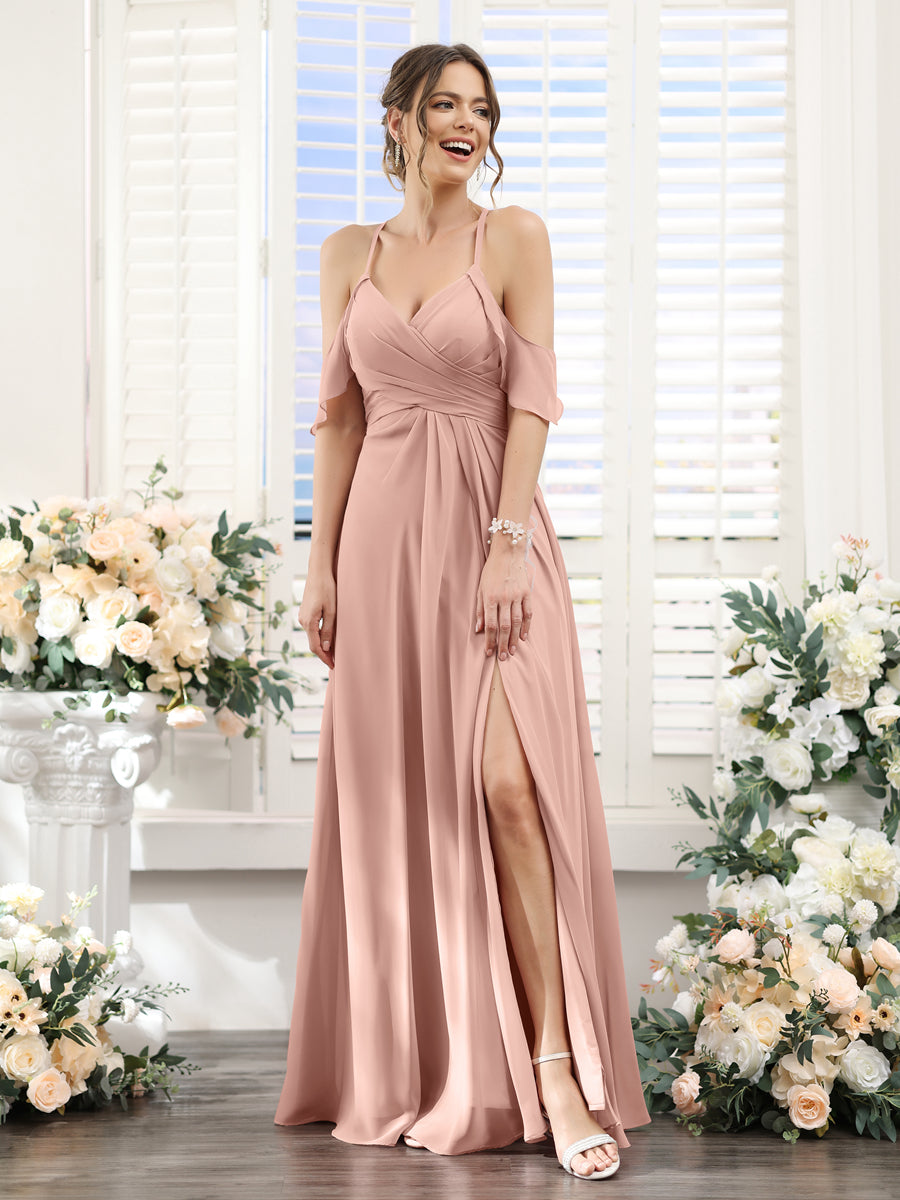 A-Line V-Neck Spaghetti Straps Split Side Floor-Length Chiffon Bridesmaid Dresses Dusty Rose