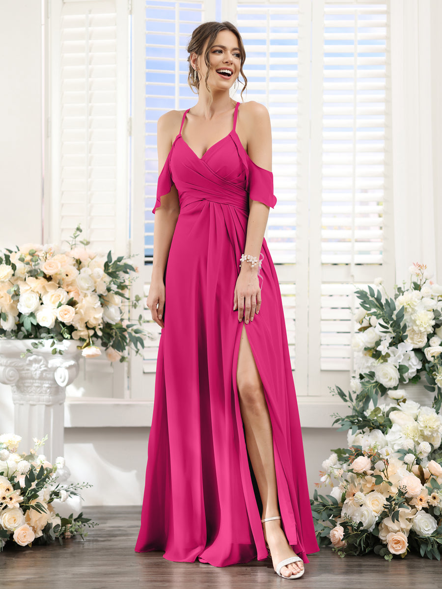 A-Line V-Neck Spaghetti Straps Split Side Floor-Length Chiffon Bridesmaid Dresses Fuchsia Pink