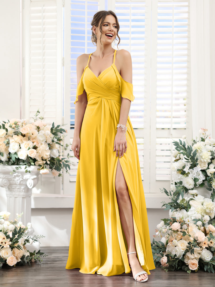 A-Line V-Neck Spaghetti Straps Split Side Floor-Length Chiffon Bridesmaid Dresses Gold