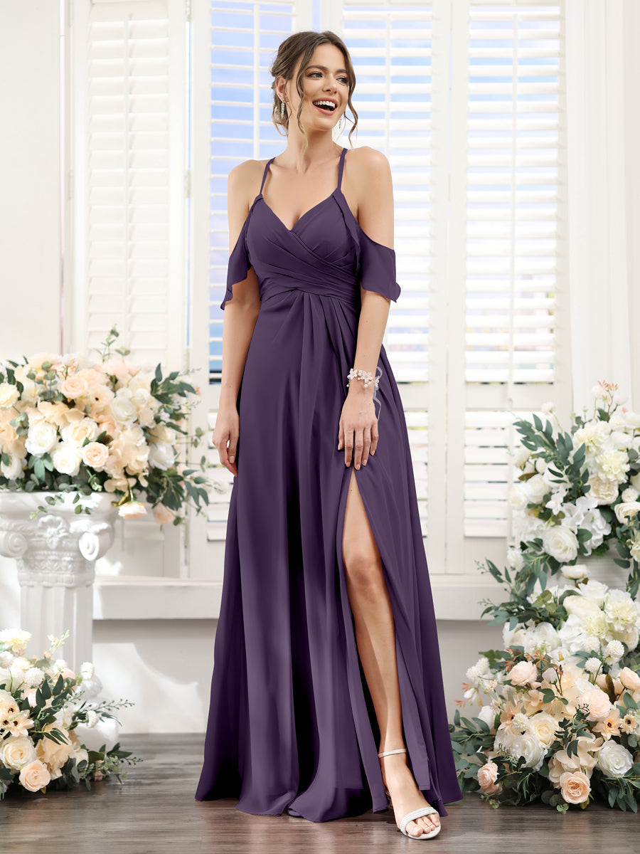 A-Line V-Neck Spaghetti Straps Split Side Floor-Length Chiffon Bridesmaid Dresses Grape
