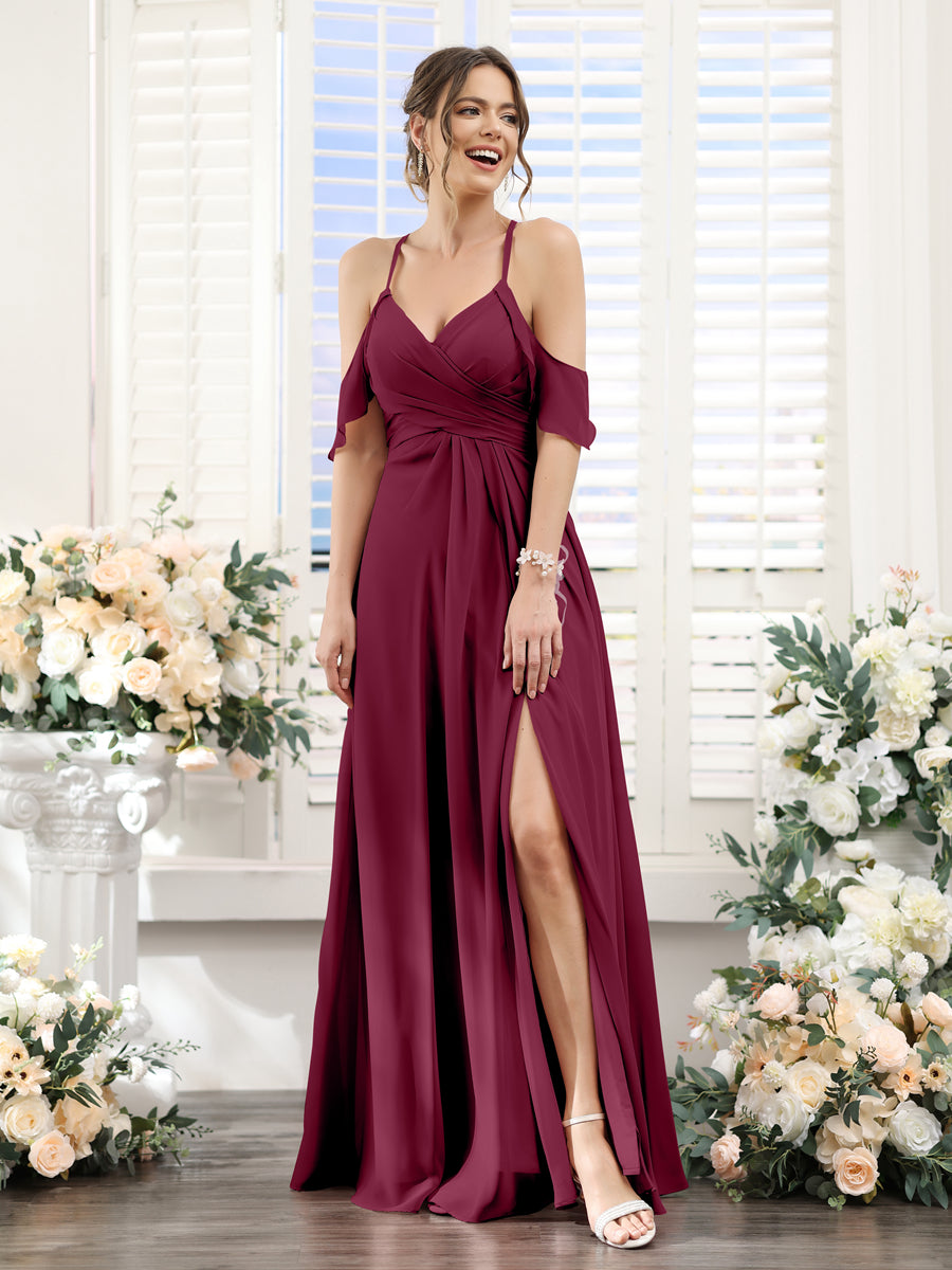 A-Line V-Neck Spaghetti Straps Split Side Floor-Length Chiffon Bridesmaid Dresses Light Burgundy