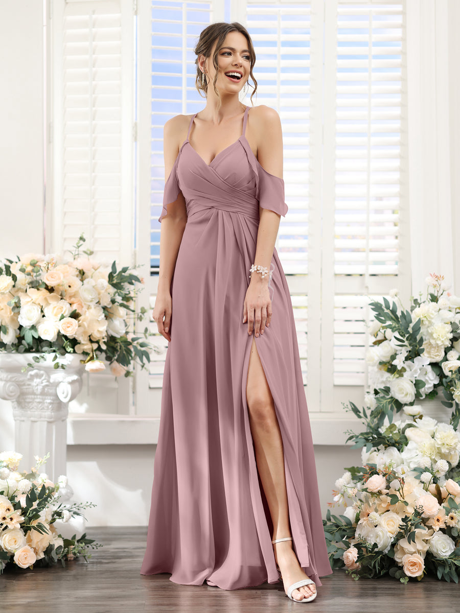 A-Line V-Neck Spaghetti Straps Split Side Floor-Length Chiffon Bridesmaid Dresses Mauve