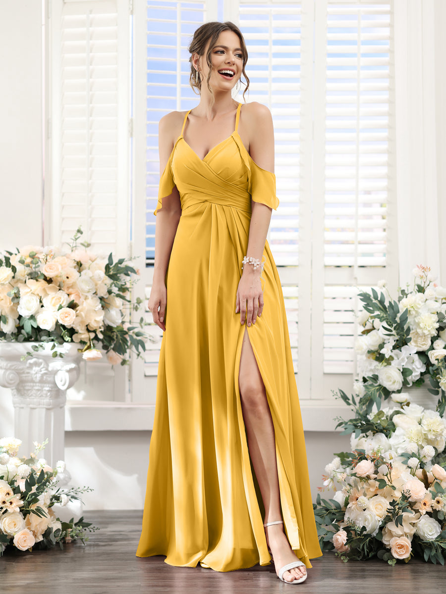 A-Line V-Neck Spaghetti Straps Split Side Floor-Length Chiffon Bridesmaid Dresses Mustard Yellow