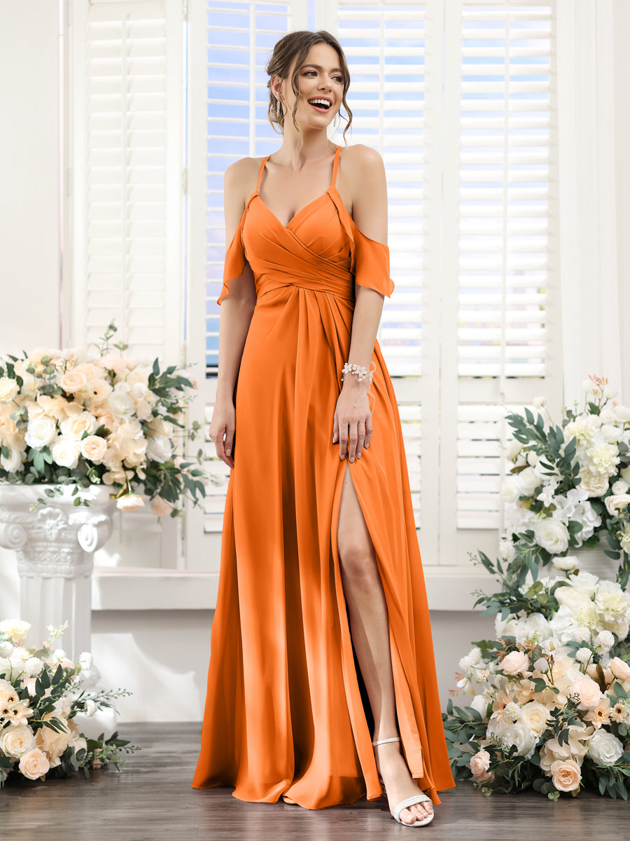 A-Line V-Neck Spaghetti Straps Split Side Floor-Length Chiffon Bridesmaid Dresses Orange