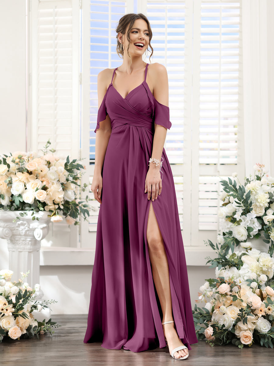 A-Line V-Neck Spaghetti Straps Split Side Floor-Length Chiffon Bridesmaid Dresses Orchid