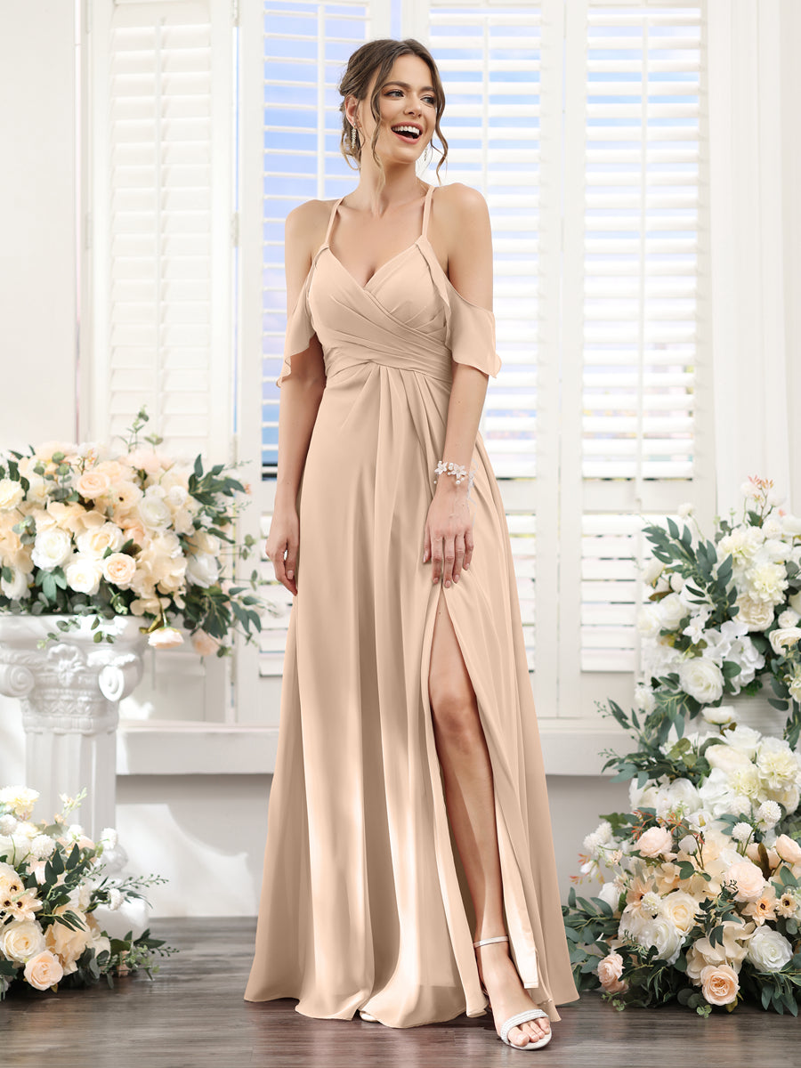A-Line V-Neck Spaghetti Straps Split Side Floor-Length Chiffon Bridesmaid Dresses Peach Pink