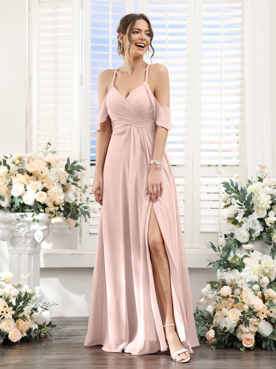 A-Line V-Neck Spaghetti Straps Split Side Floor-Length Chiffon Bridesmaid Dresses Pearl Pink