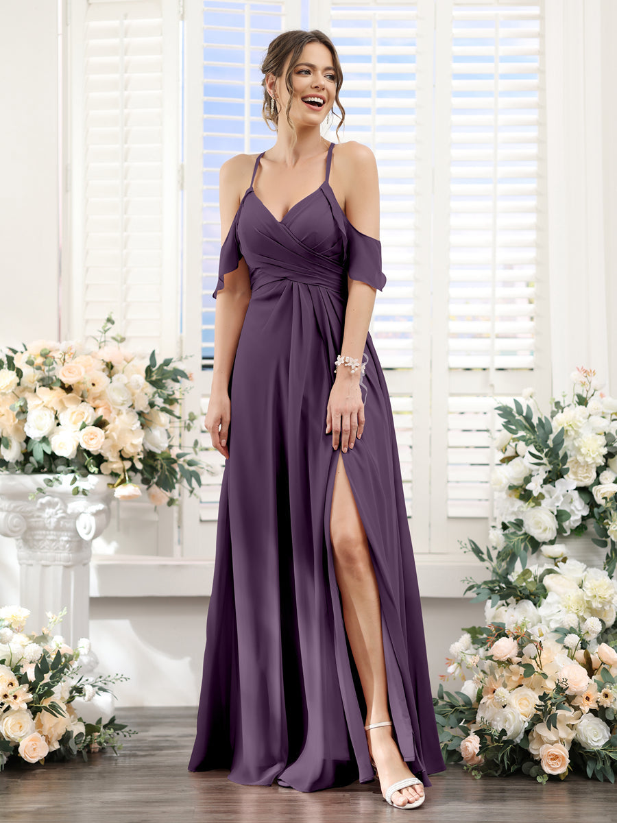 A-Line V-Neck Spaghetti Straps Split Side Floor-Length Chiffon Bridesmaid Dresses Plum
