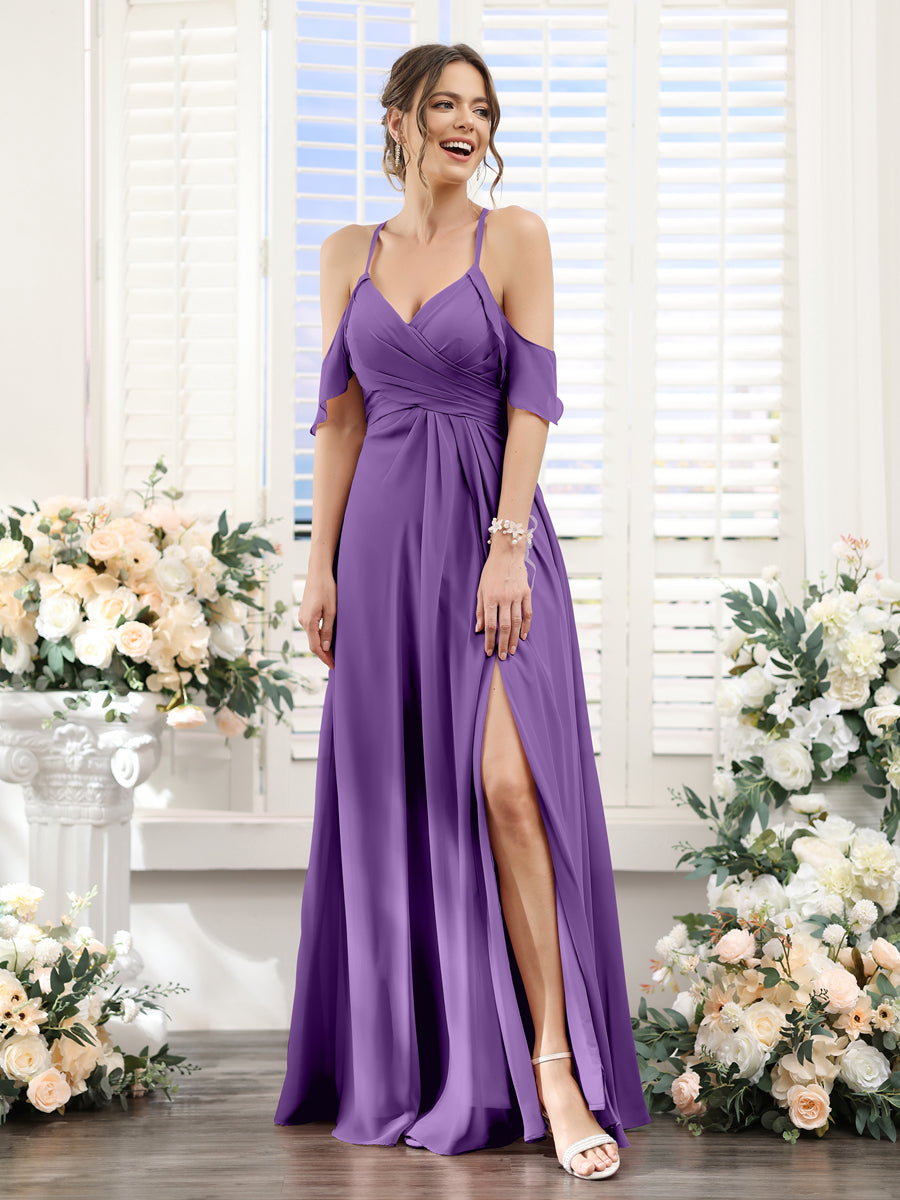 A-Line V-Neck Spaghetti Straps Split Side Floor-Length Chiffon Bridesmaid Dresses Purple