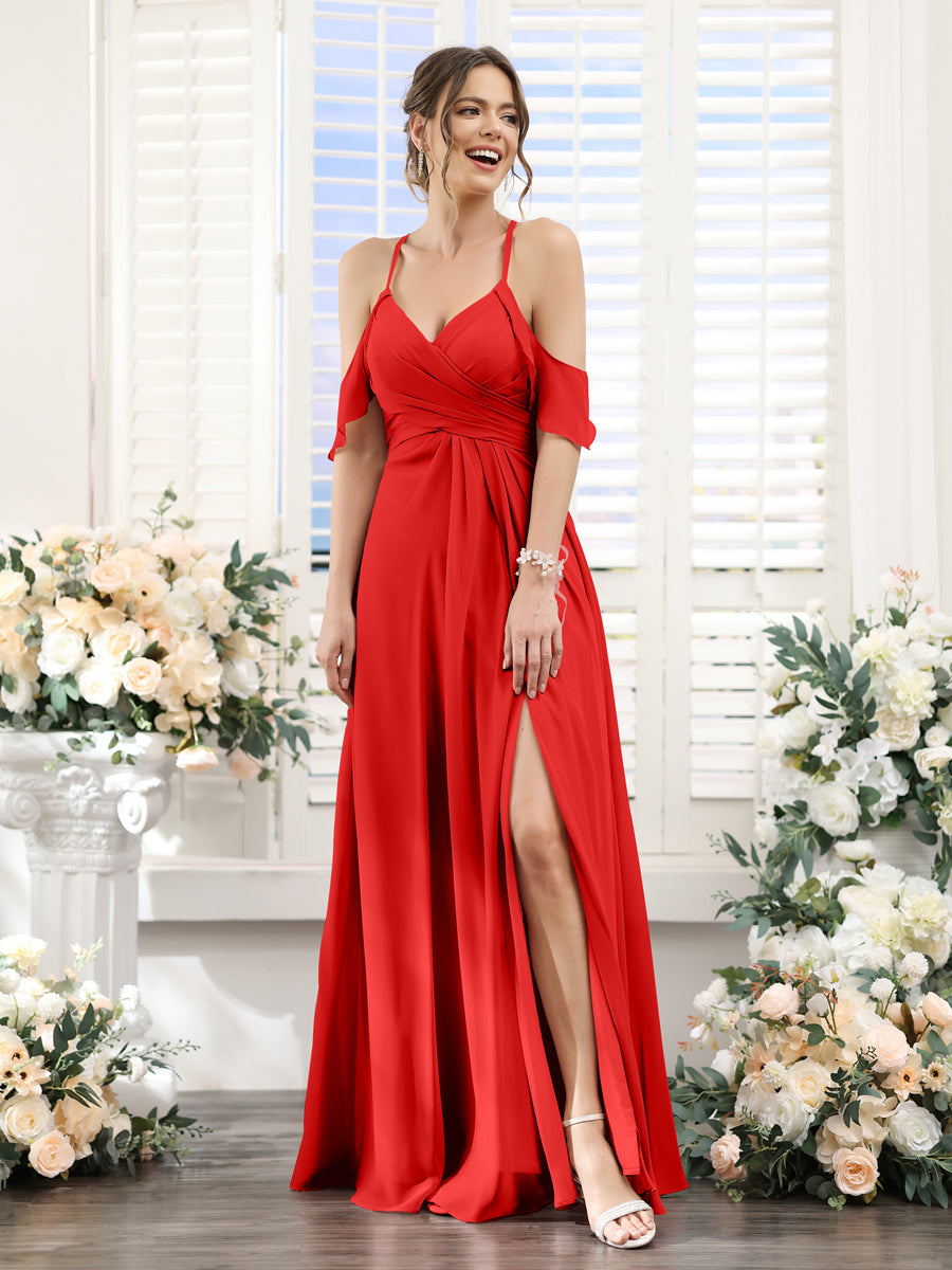 A-Line V-Neck Spaghetti Straps Split Side Floor-Length Chiffon Bridesmaid Dresses Red