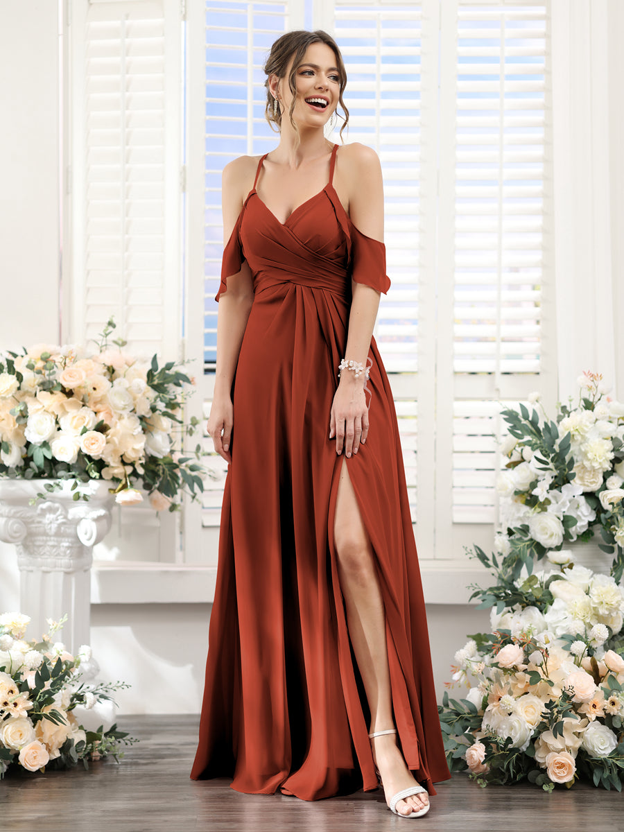 A-Line V-Neck Spaghetti Straps Split Side Floor-Length Chiffon Bridesmaid Dresses Rust