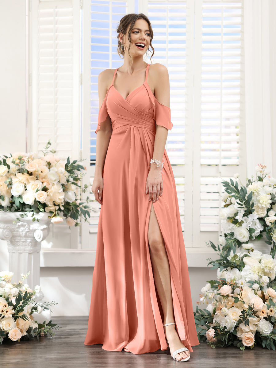 A-Line V-Neck Spaghetti Straps Split Side Floor-Length Chiffon Bridesmaid Dresses Salmon