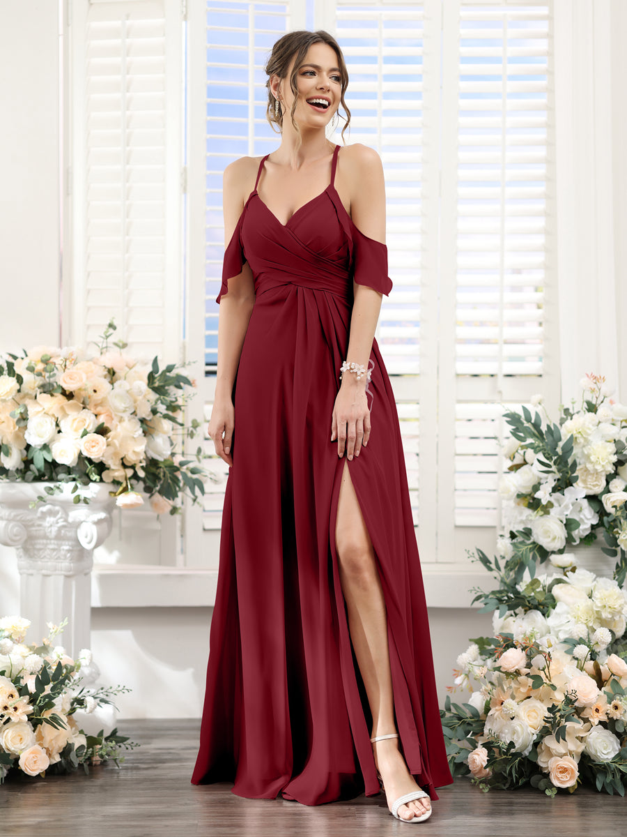 A-Line V-Neck Spaghetti Straps Split Side Floor-Length Chiffon Bridesmaid Dresses Wine Red