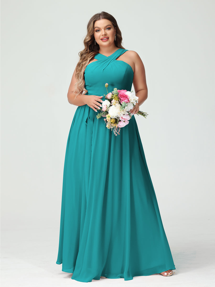 A-Line/Princess Criss Cross Sleeveless Chiffon Plus Size Bridesmaid Dresses with Sash Aqua Blue