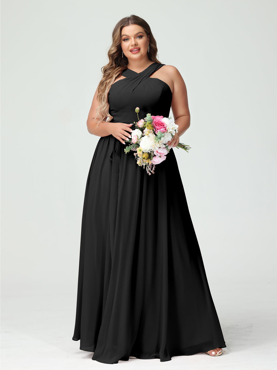 A-Line/Princess Criss Cross Sleeveless Chiffon Plus Size Bridesmaid Dresses with Sash Black