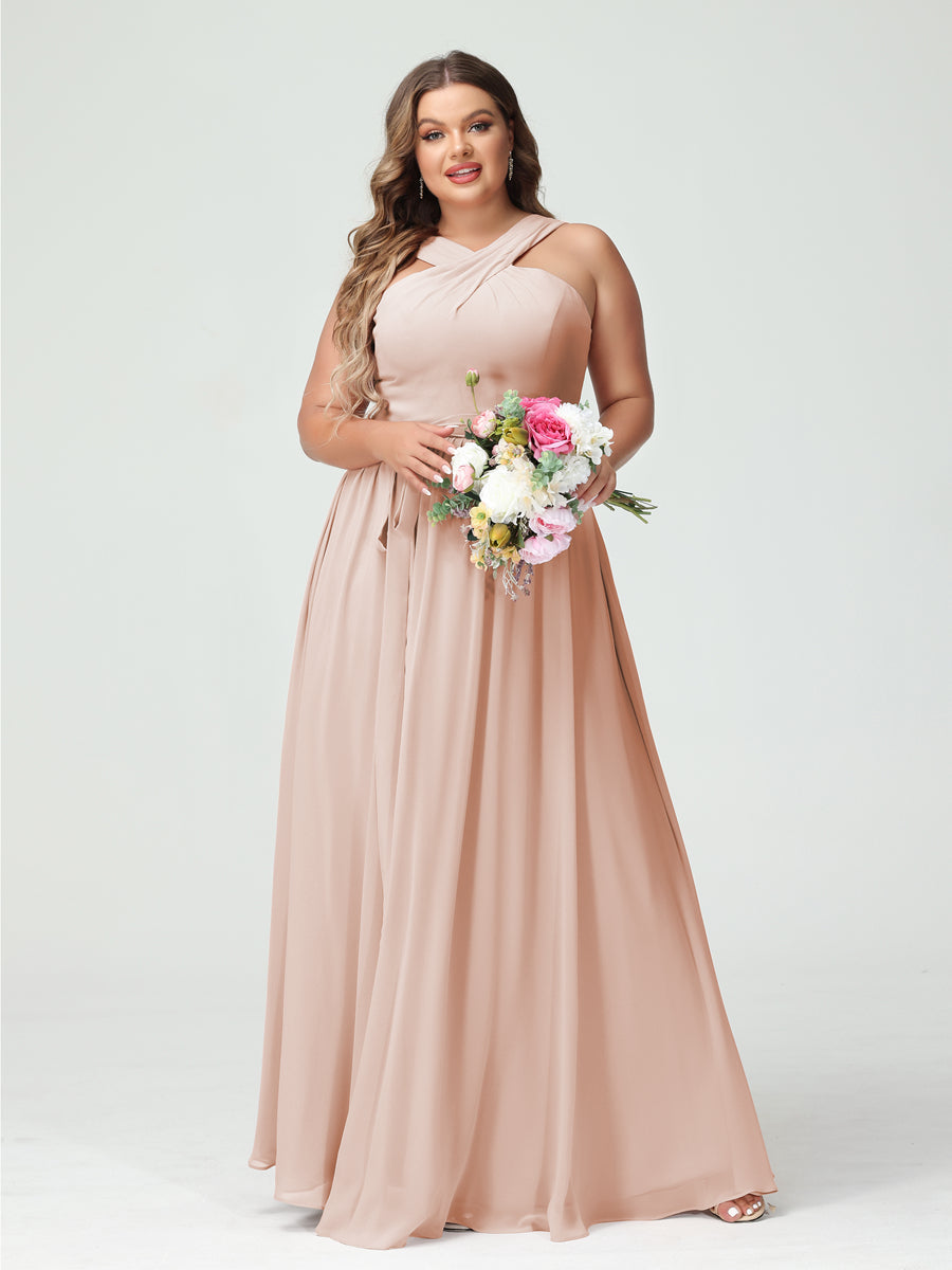 A-Line/Princess Criss Cross Sleeveless Chiffon Plus Size Bridesmaid Dresses with Sash Blush Pink