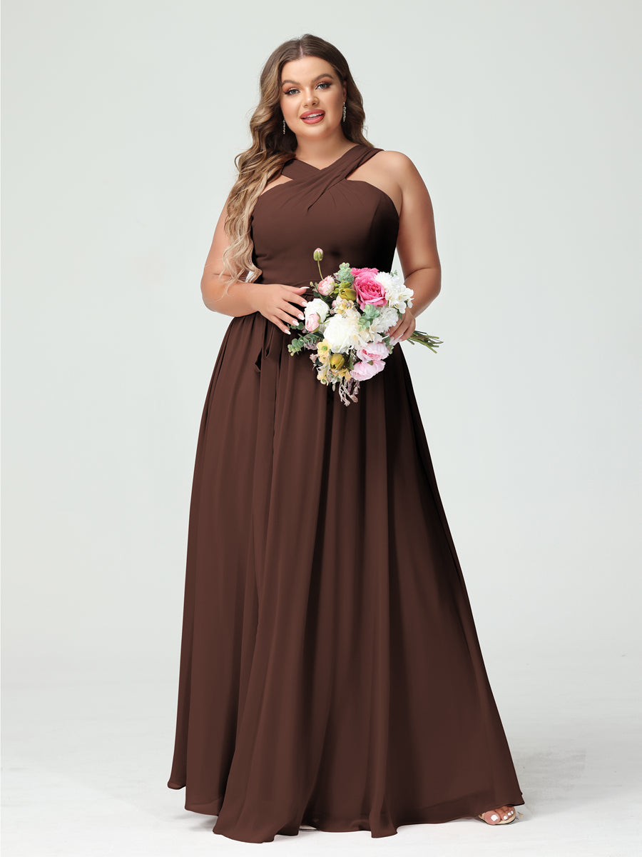A-Line/Princess Criss Cross Sleeveless Chiffon Plus Size Bridesmaid Dresses with Sash Brown