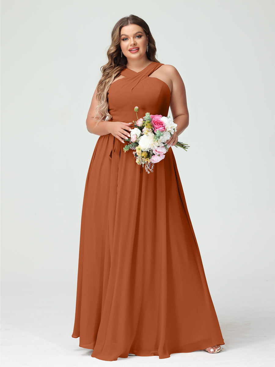 A-Line/Princess Criss Cross Sleeveless Chiffon Plus Size Bridesmaid Dresses with Sash Burnt Orange