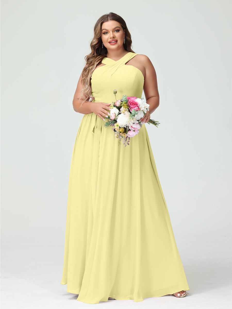 A-Line/Princess Criss Cross Sleeveless Chiffon Plus Size Bridesmaid Dresses with Sash Canary