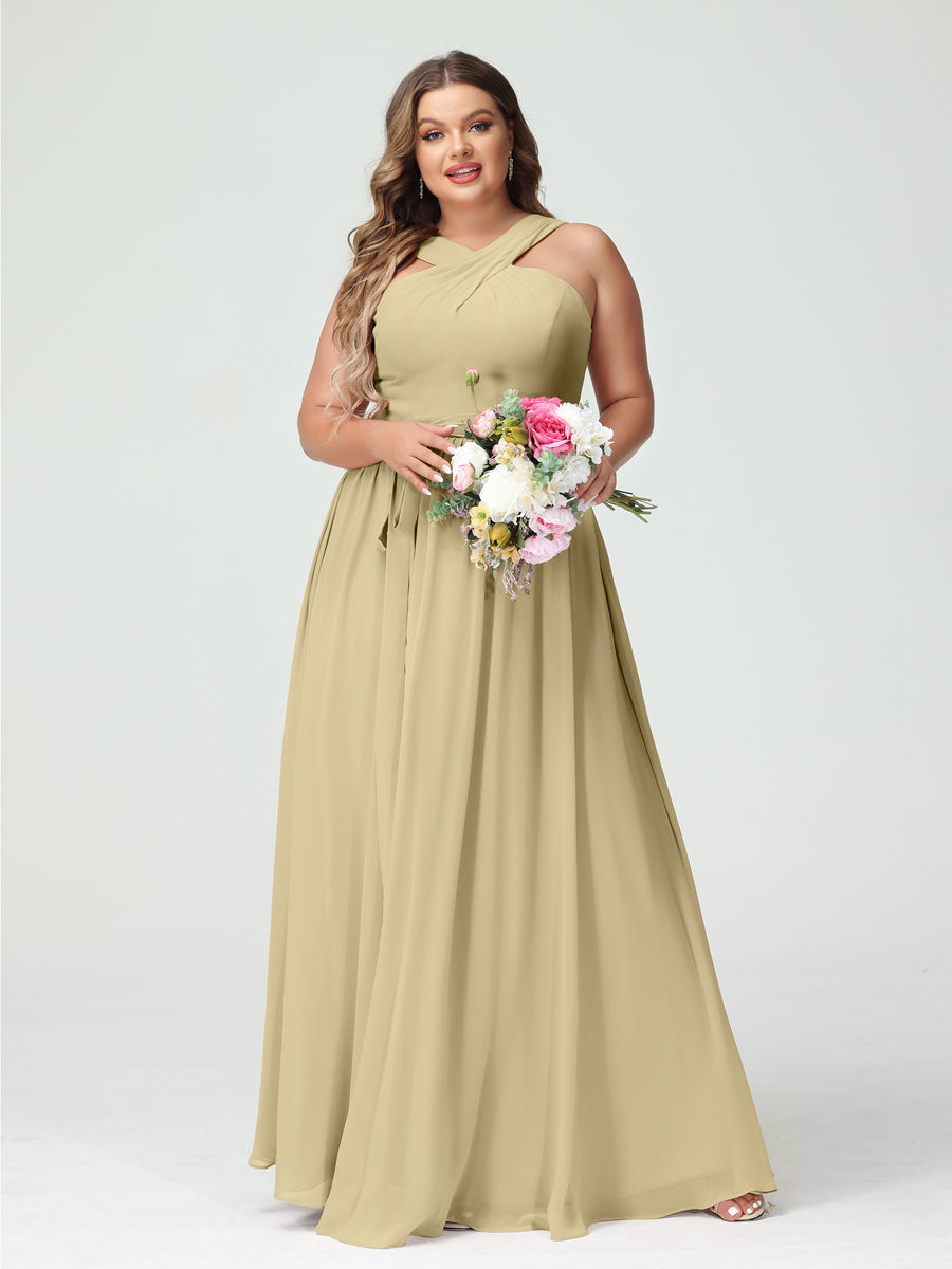 A-Line/Princess Criss Cross Sleeveless Chiffon Plus Size Bridesmaid Dresses with Sash Champagne