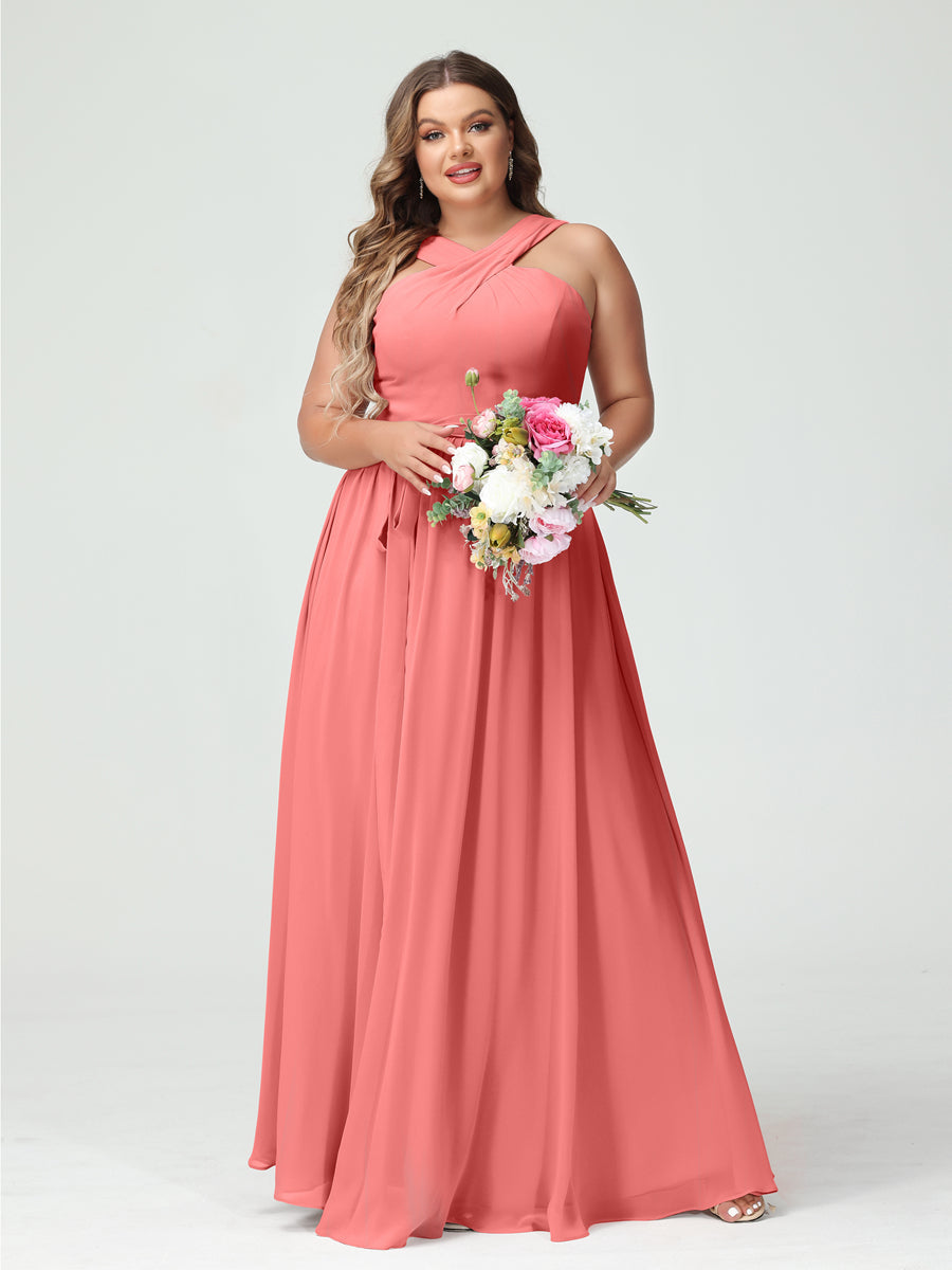 A-Line/Princess Criss Cross Sleeveless Chiffon Plus Size Bridesmaid Dresses with Sash Coral