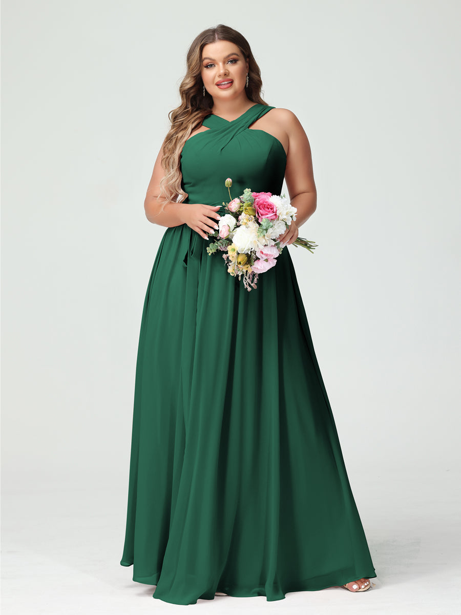 A-Line/Princess Criss Cross Sleeveless Chiffon Plus Size Bridesmaid Dresses with Sash Dark Green