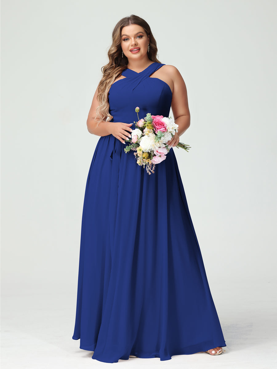 A-Line/Princess Criss Cross Sleeveless Chiffon Plus Size Bridesmaid Dresses with Sash Dark Royal Blue