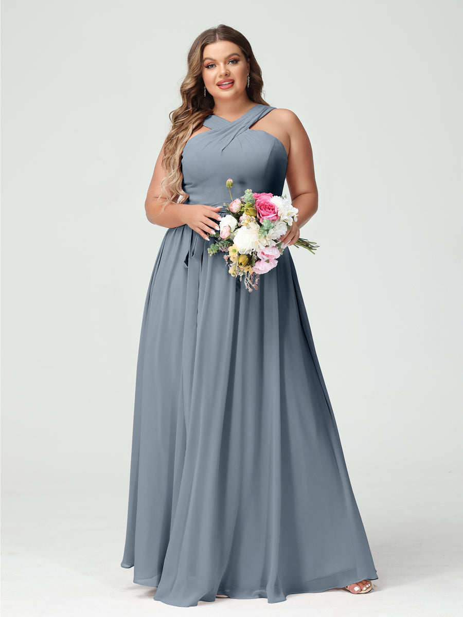 A-Line/Princess Criss Cross Sleeveless Chiffon Plus Size Bridesmaid Dresses with Sash Dusty Blue