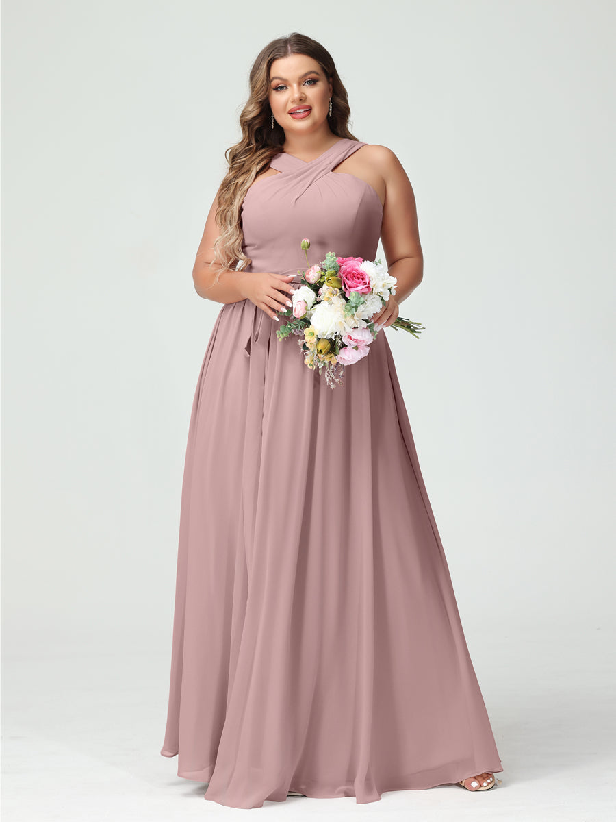 A-Line/Princess Criss Cross Sleeveless Chiffon Plus Size Bridesmaid Dresses with Sash Dusty Pink